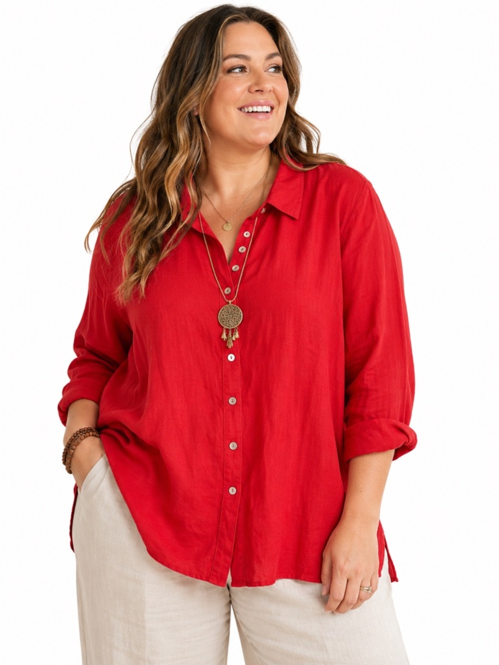 Ulla Popken 100% Linen Button Down Shirt Red Plus Size 24/26 Relaxed Long Sleeve